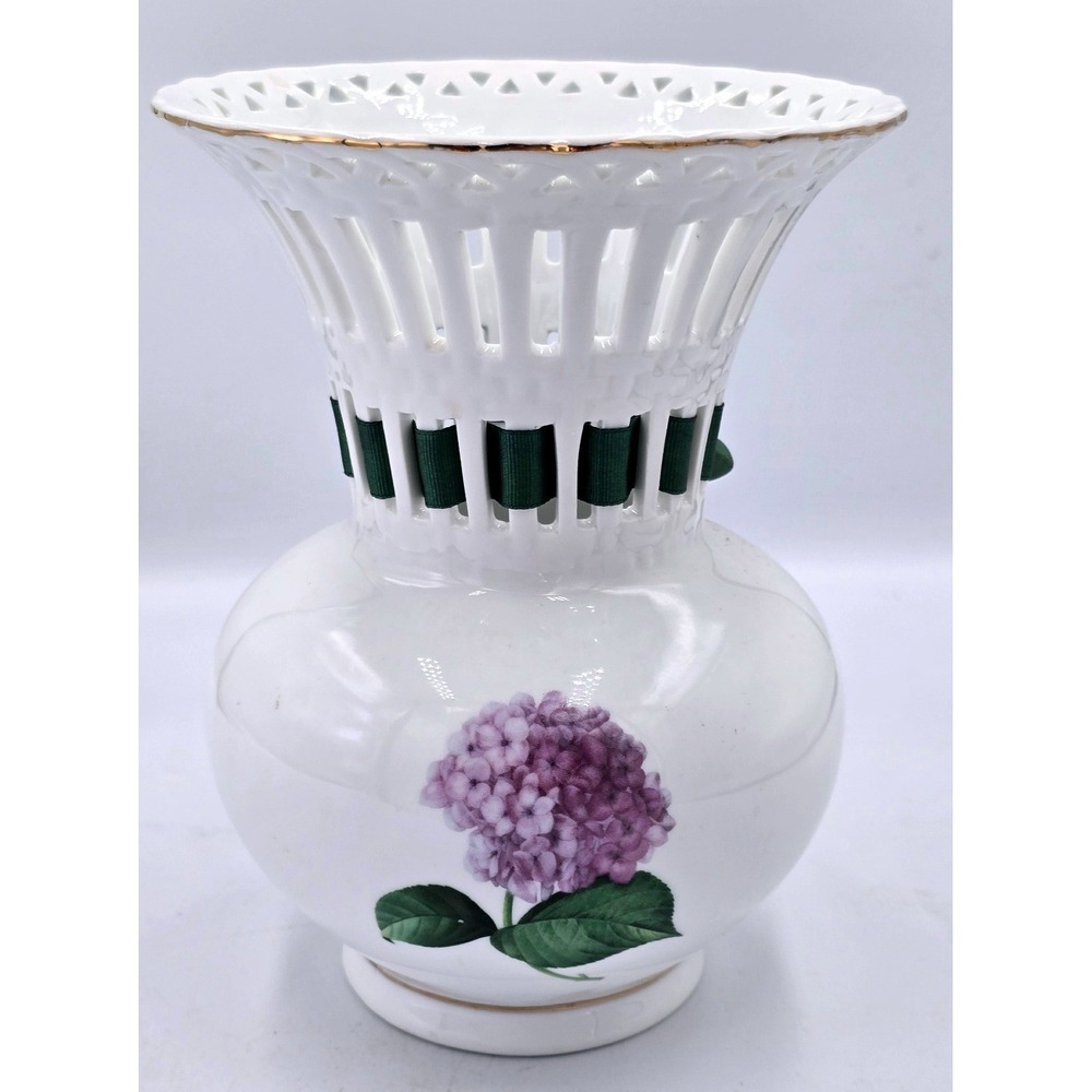 Purple Hydrangea Porcelain Flower Vase Gold Trim Lattice‎ Neck - Picture 4 of 14